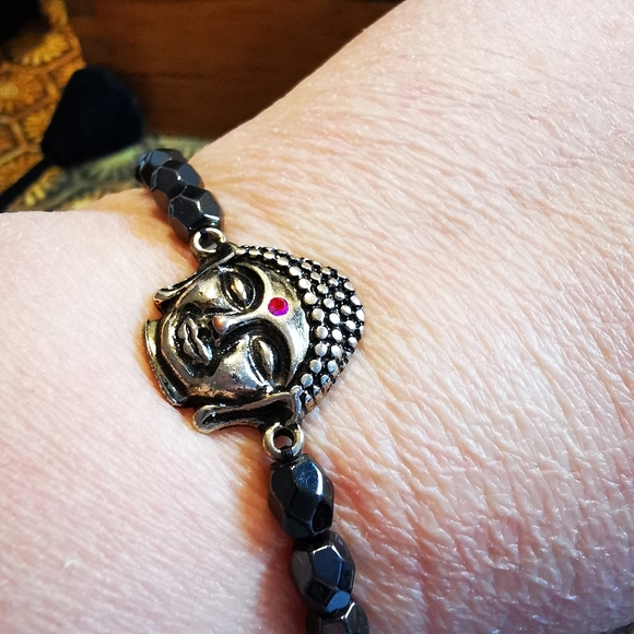 Stretch Faceted Hematite and Brushed Silver Tone Buddha Bracelet - Picture 12 of 12